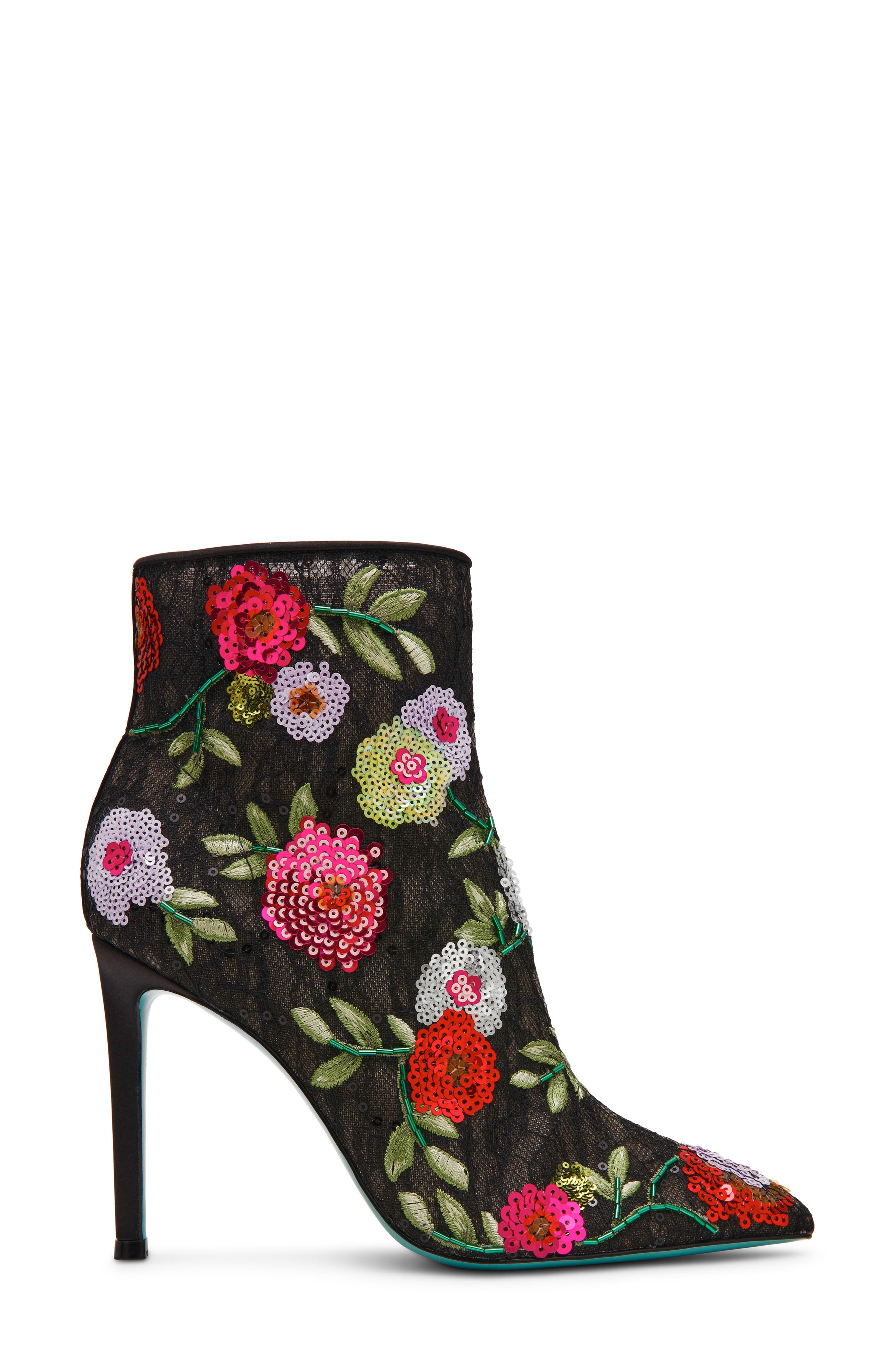 Kasa Sequin Lace Pointed Toe Bootie, Alternate, color, BLACK FLORAL