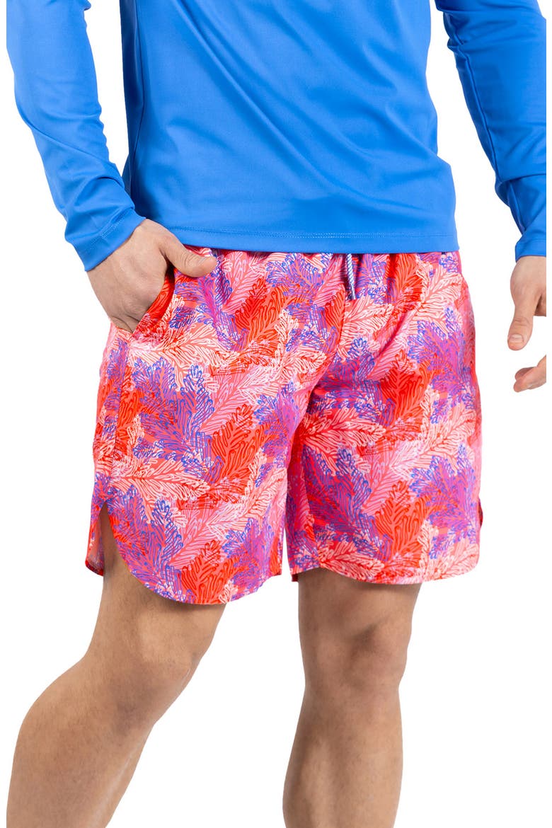 Leaves Print Swim Trunks, Alternate, color, CORAL