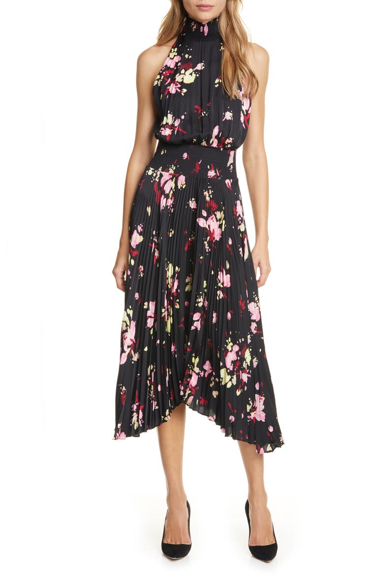 Renzo Floral Pleated Midi Dress, Main, color, BLACK/ PINK/ YUZU