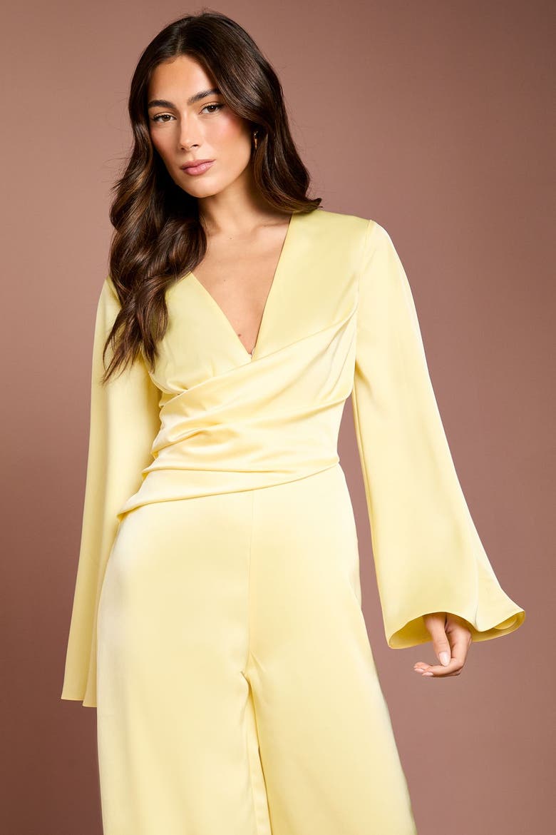 Flare Sleeve Satin Wide Leg Jumpsuit, Alternate, color, Lemon