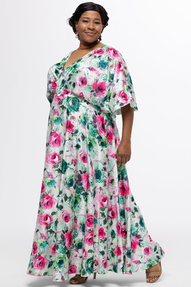 Flowy Floral V-Neck Plus Size Gown, Main, color, Floral