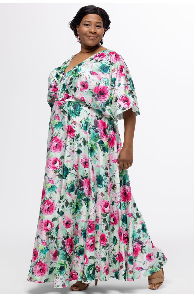 Celebrations by Sydney's Closet Flowy Floral V-Neck Plus Size Gown, Main, color, Floral