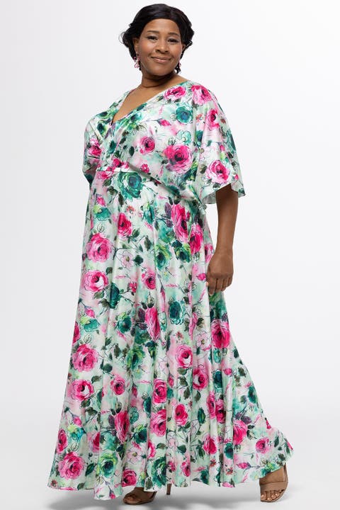 Flowy Floral V-Neck Plus Size Gown