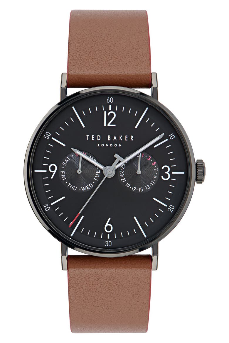 Phylipa Gents Leather Strap Watch, 41mm, Main, color, BROWN