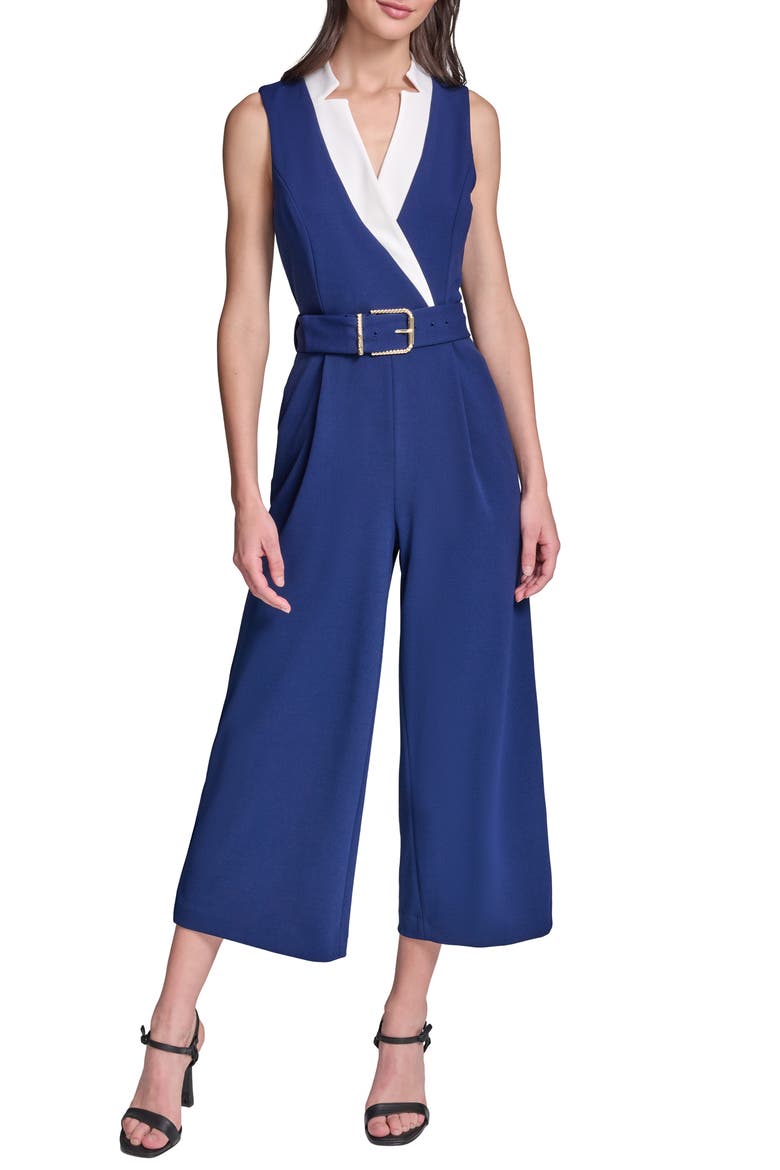 Belted Scuba Crepe Jumpsuit, Main, color, MARITIME/ SOFT WHITE