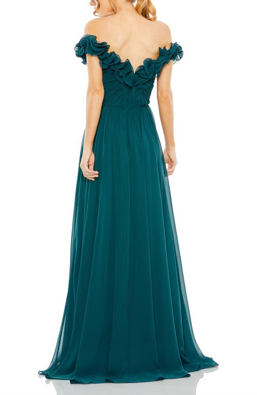 Mac Duggal Ruched Off The Shoulder A Line Gown In Teal
