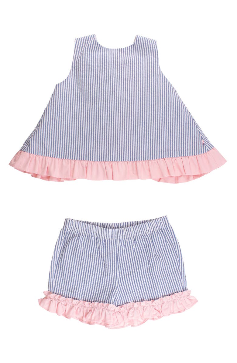 RuffleButts Seersucker Ruffle Swing Top and Short Set, Main, color, Classic Blue Seersucker