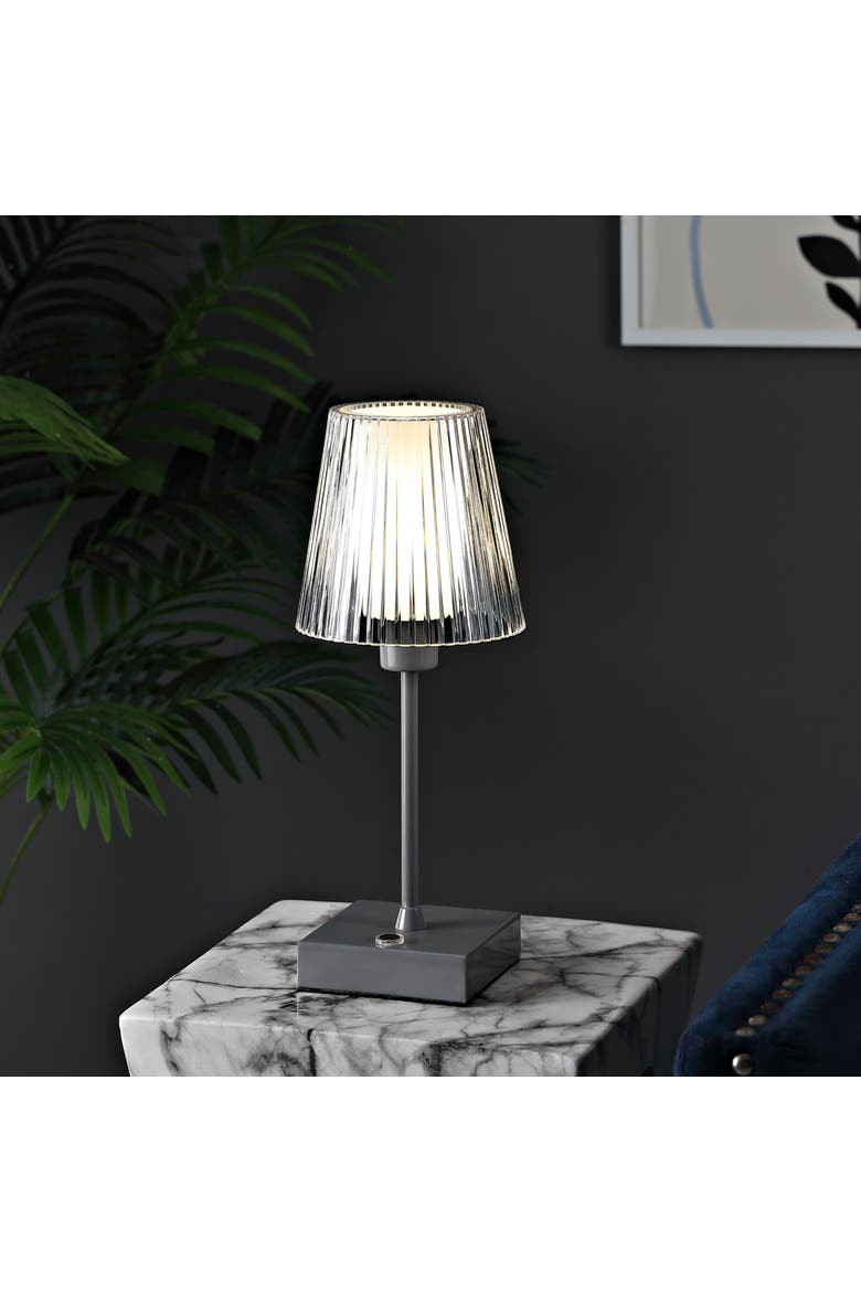 Oscar Modern Industrial Rechargeable/Cordless Iron/Acrylic Integrated Portable LED Table Lamp with Ribbed Shade, Alternate, color, Gray