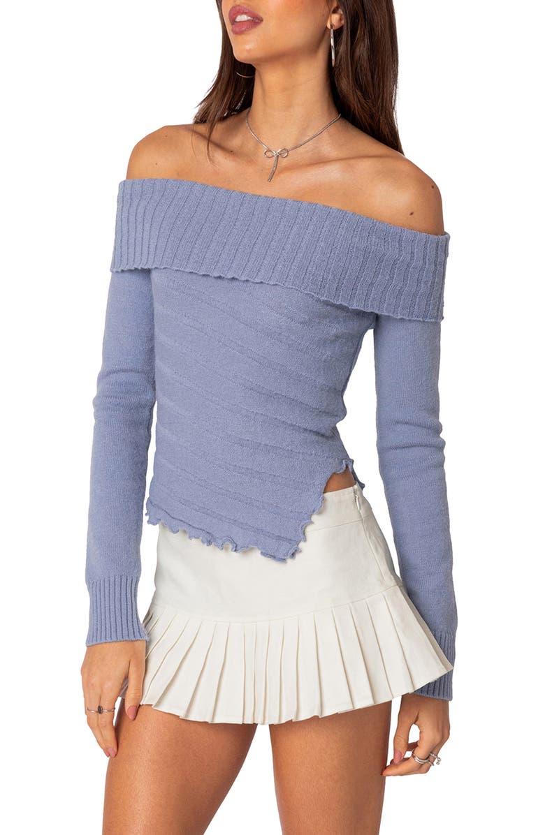 EDIKTED Sonya Foldover Off the Shoulder Sweater, Alternate, color, Blue