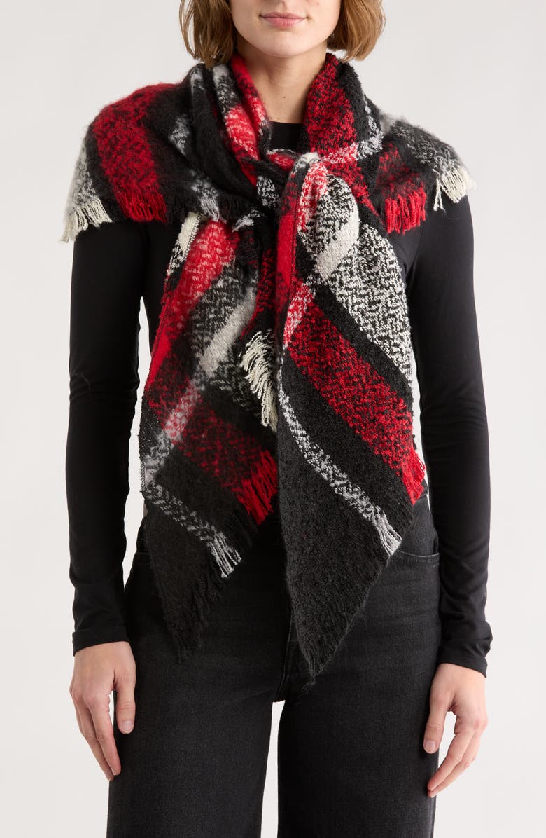 Vince Camuto Scale Plaid Fringe Scarf, Main, color, Black Red
