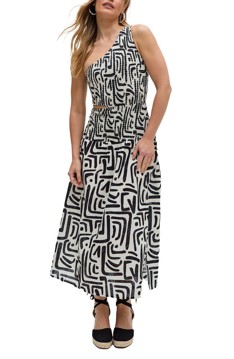 Raffya Jazz Jersey One Shoulder Warhol Print Midi Dress, Main, color, Black