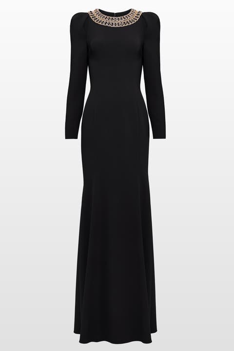 Glory collar-embellished puff-shoulders maxi dress