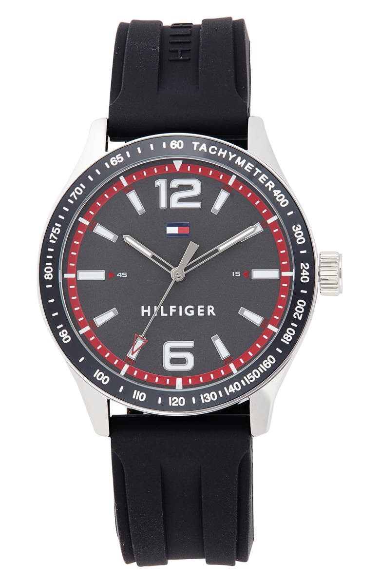 Tommy Hilfiger Essentials Silicone Strap Watch, 44mm, Main, color, Grey