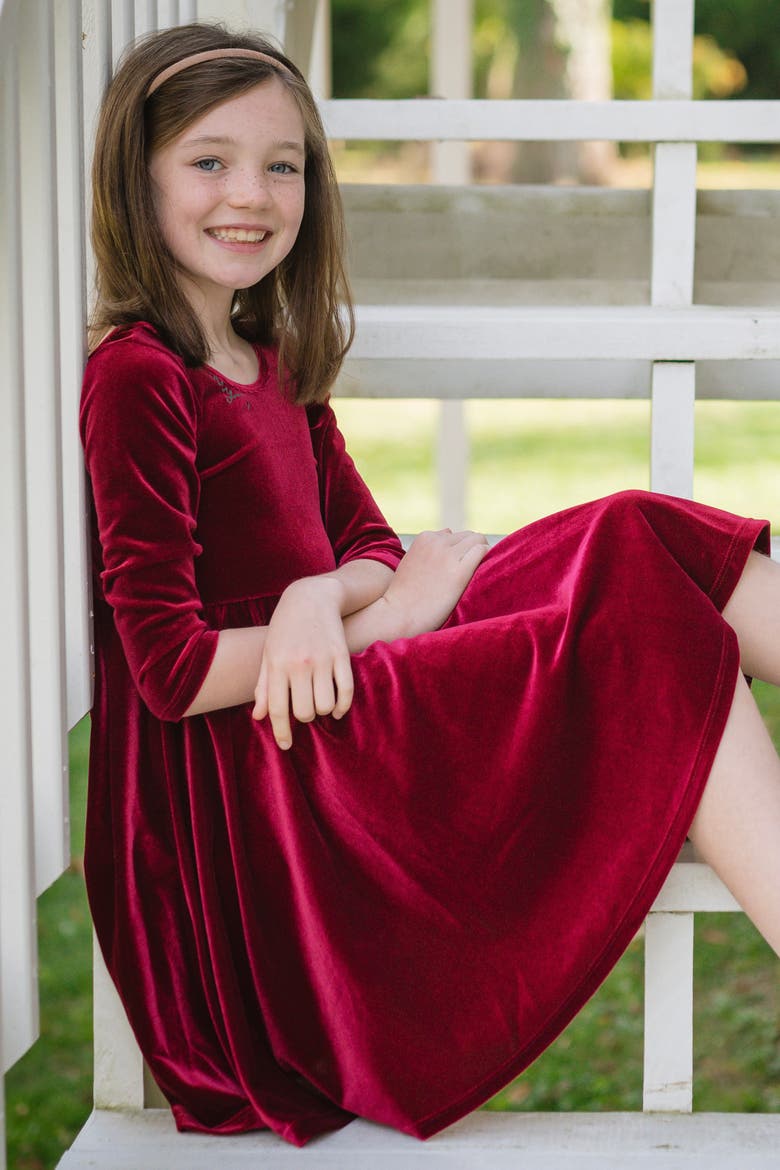 Embroidered Velvet Holiday Twirly Dress, Alternate, color, Burgundy