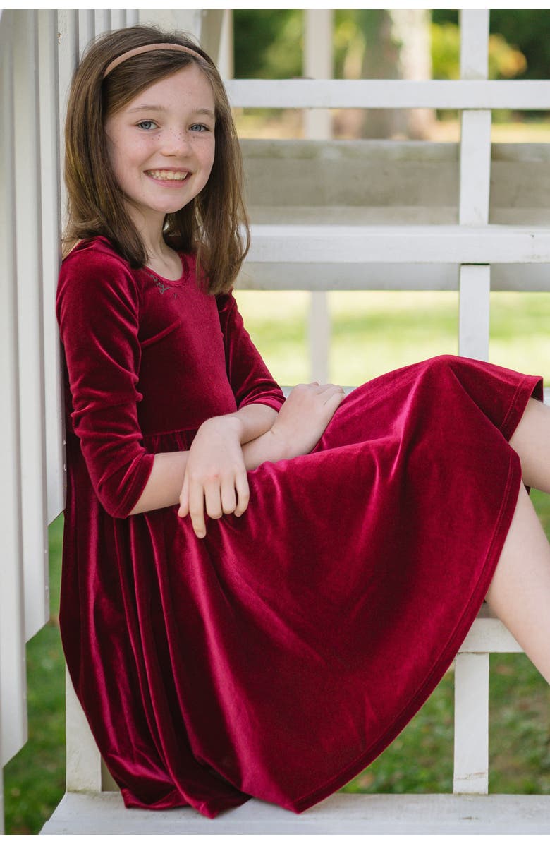 WORTHY THREADS Embroidered Velvet Holiday Twirly Dress, Alternate, color, Burgundy