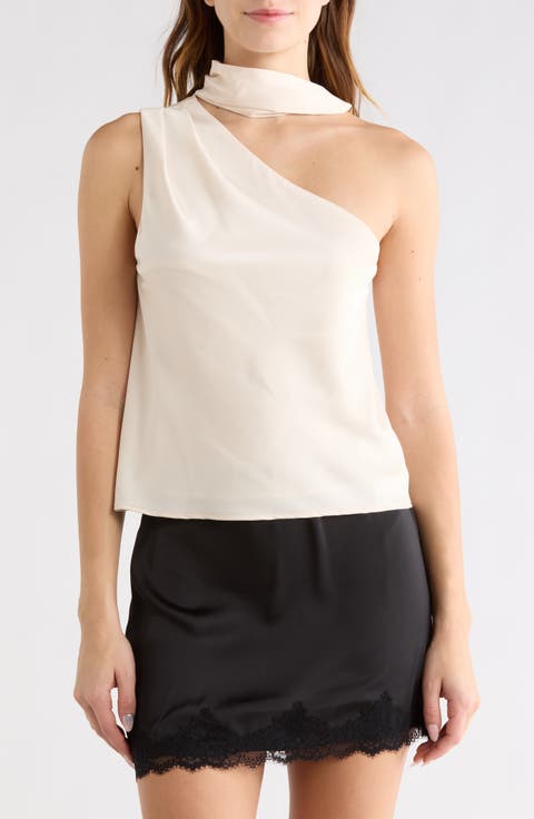 Tie Neck One-Shoulder Satin Top