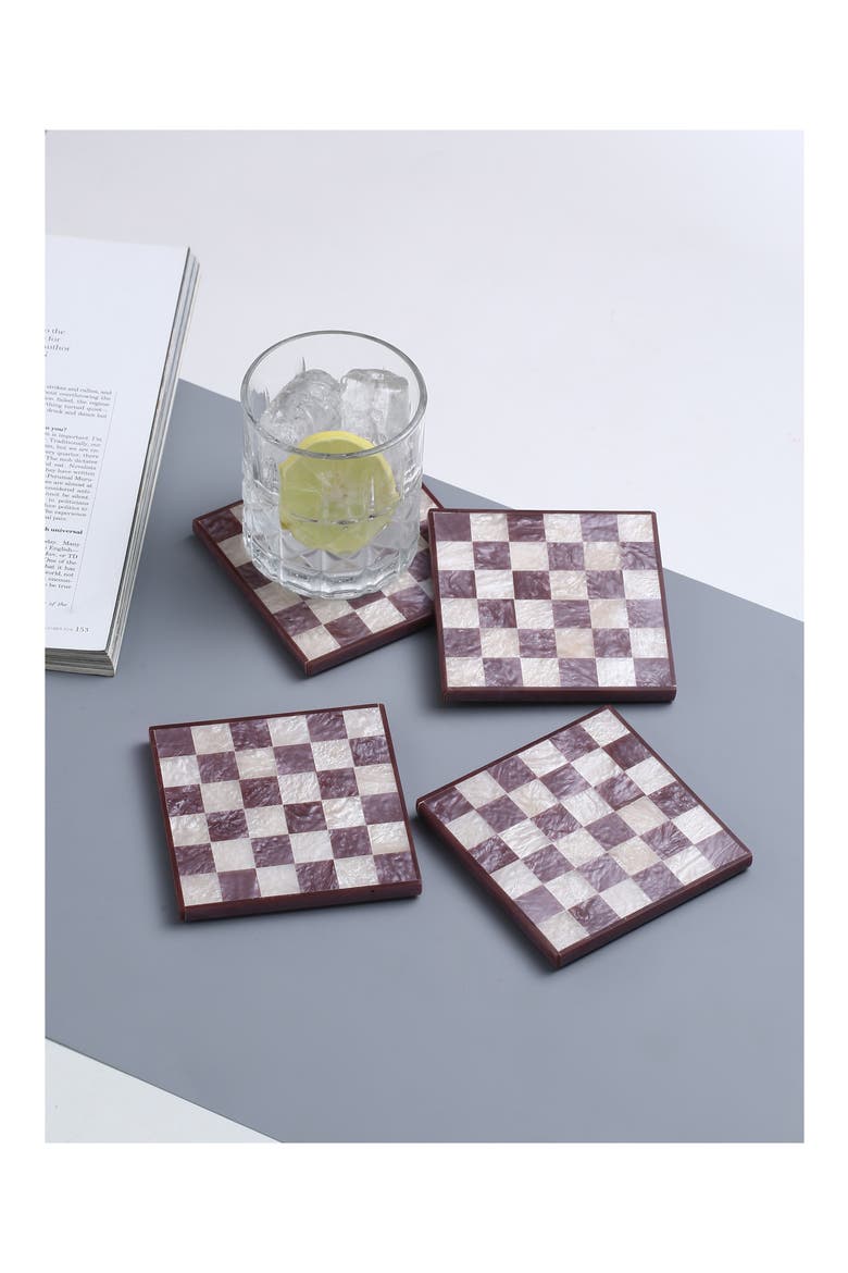 Set of 4 Checkered Resin Coasters, Alternate, color, WINE
