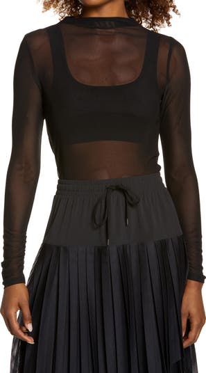 【Oblada】SHEER LONG SLEEVE TEE ZHER-LU Women's Casual Solid High Neck Sheer Mesh Long