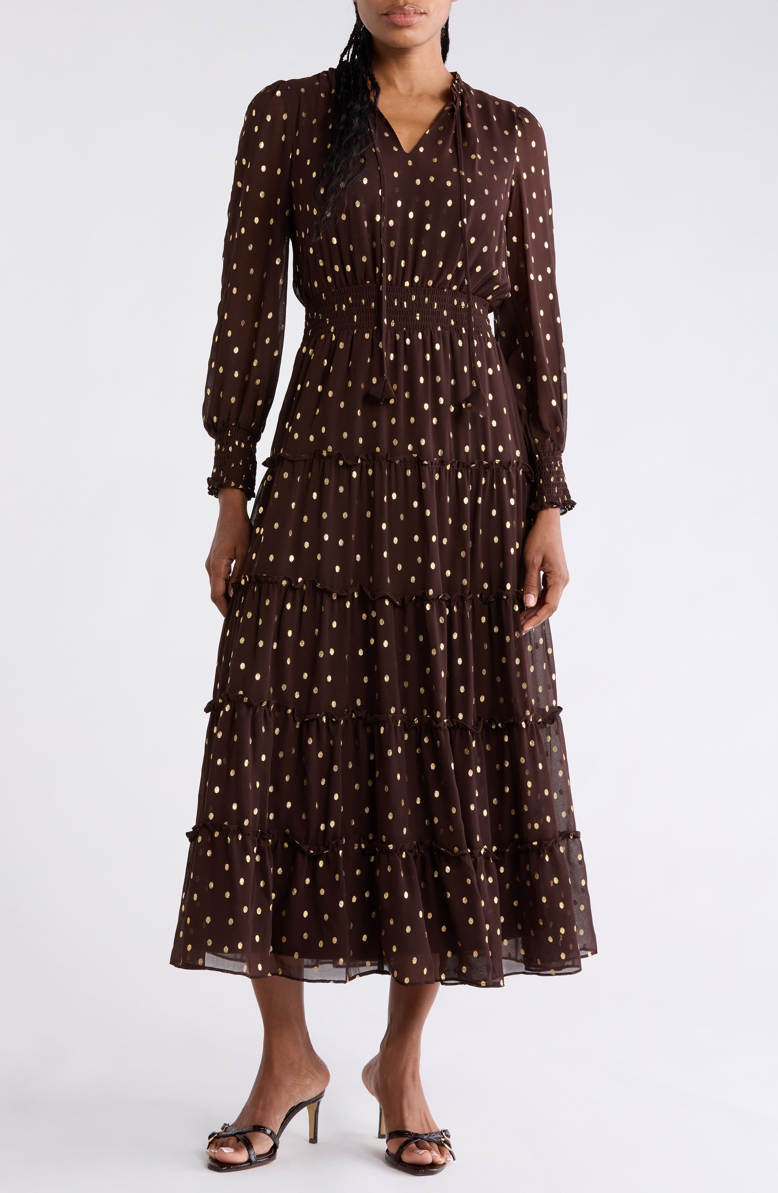 Tie Neck Long Sleeve Tiered Maxi Dress