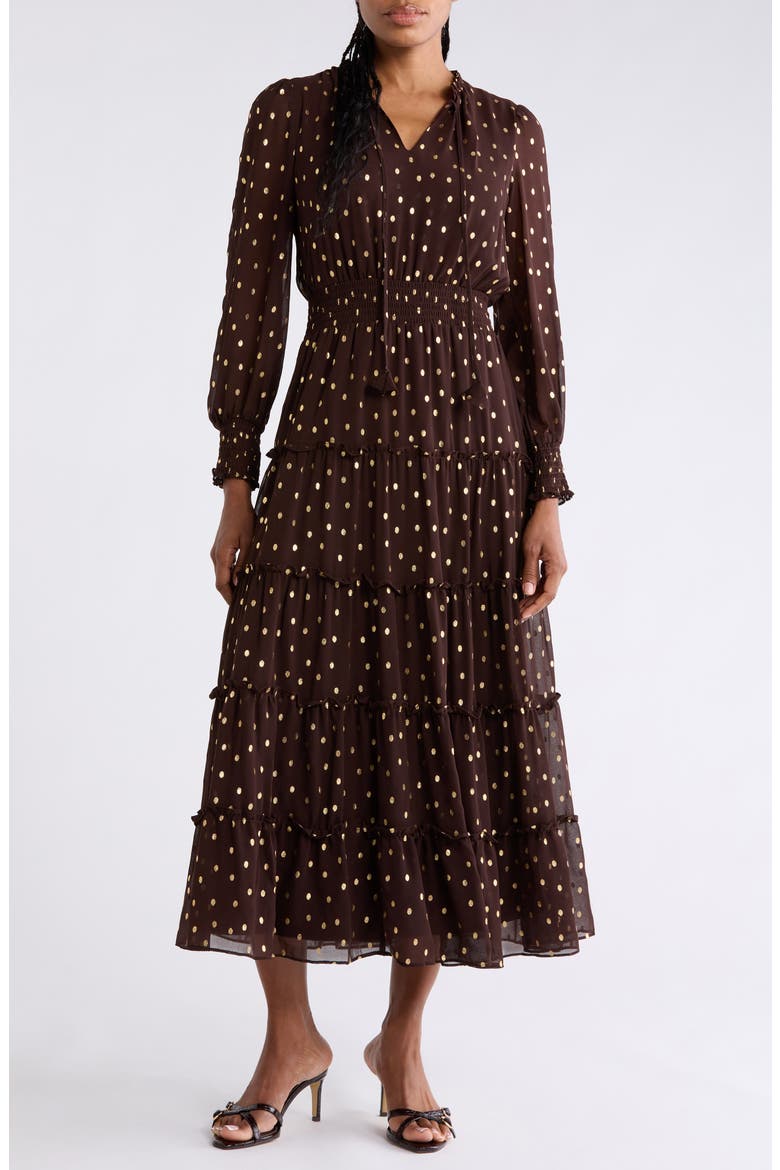 Tie Neck Long Sleeve Tiered Maxi Dress, Main, color, SADDLE BROWN