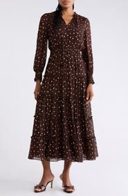 Halogen® Tie Neck Long Sleeve Tiered Maxi Dress