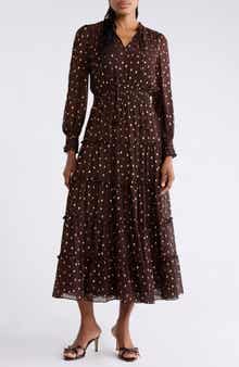 Tie Neck Long Sleeve Tiered Maxi Dress