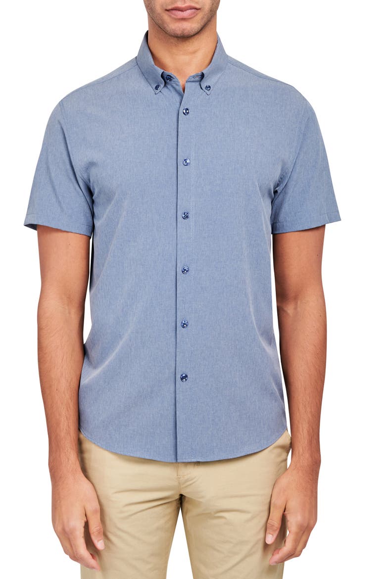 Slim Fit Solid 4-Way Stretch Performance Shirt, Main, color, BLUE HEATHER
