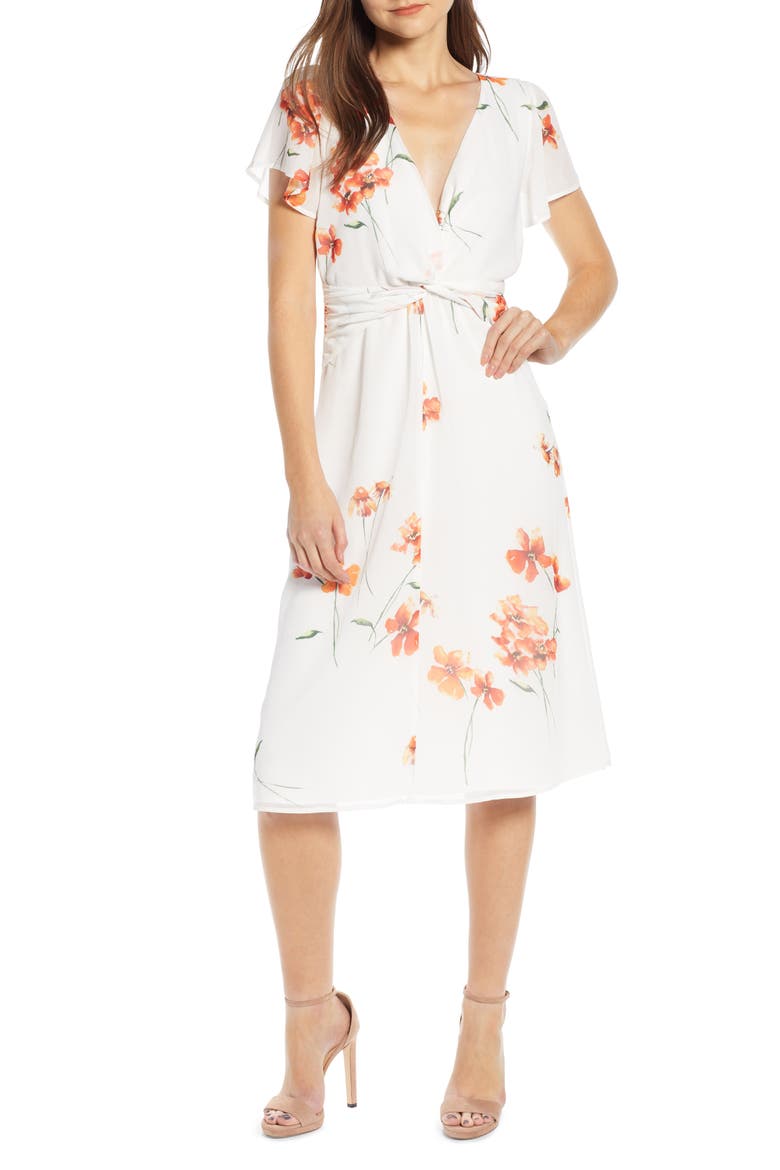 Twist Front Midi Dress, Main, color, IVORY ORANGE FLORAL