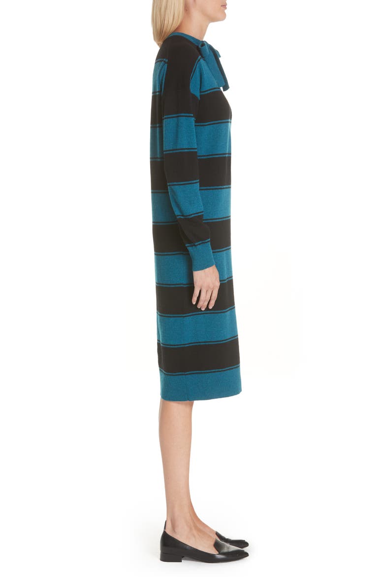 Tie Neck Stripe Wool Sweater Dress, Alternate, color, TEAL MULTI