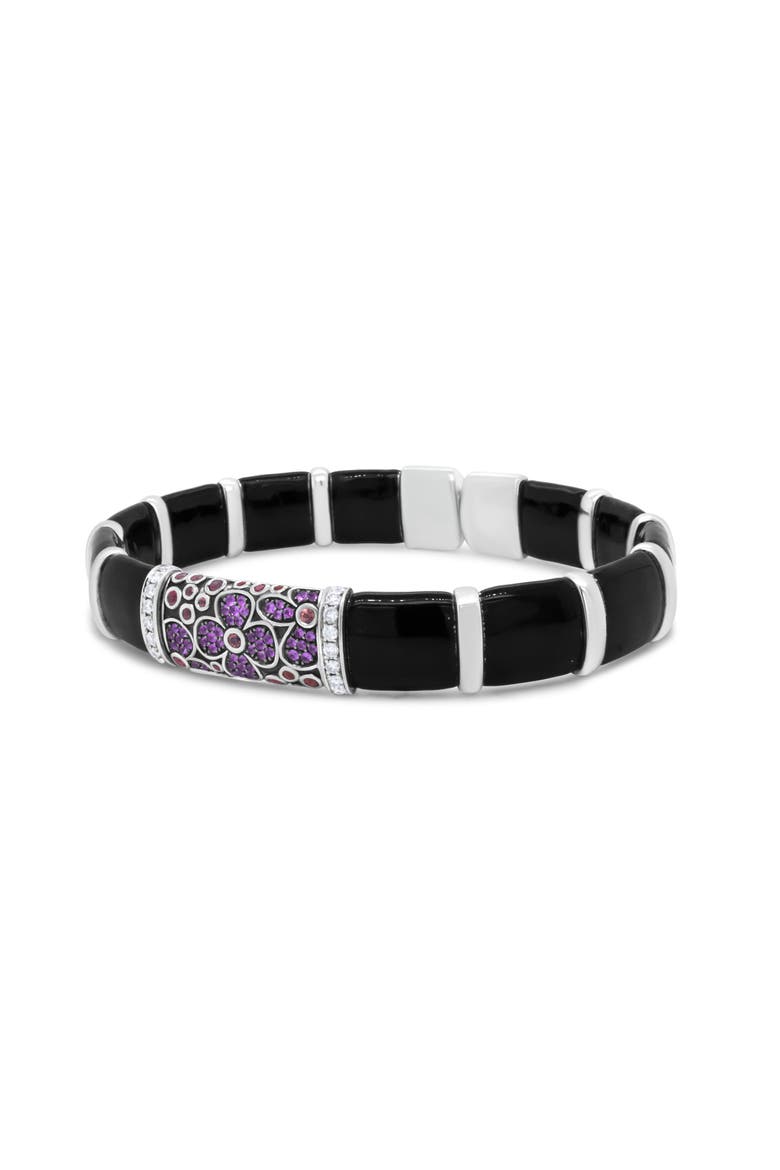 Silver Enamel 1/3 Ct Diamonds & Sapphire Bangle Bracelet -7.75", Alternate, color, White