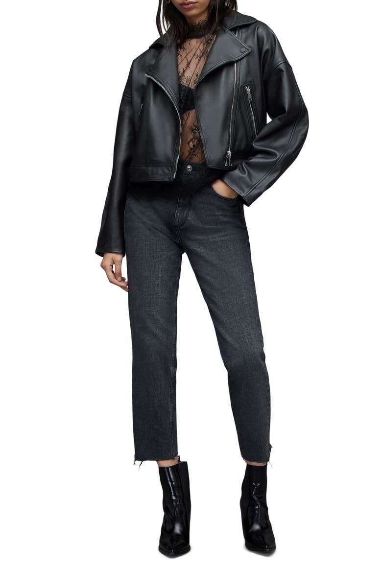 Clarke Boxy Leather Biker Jacket, Alternate, color, BLACK