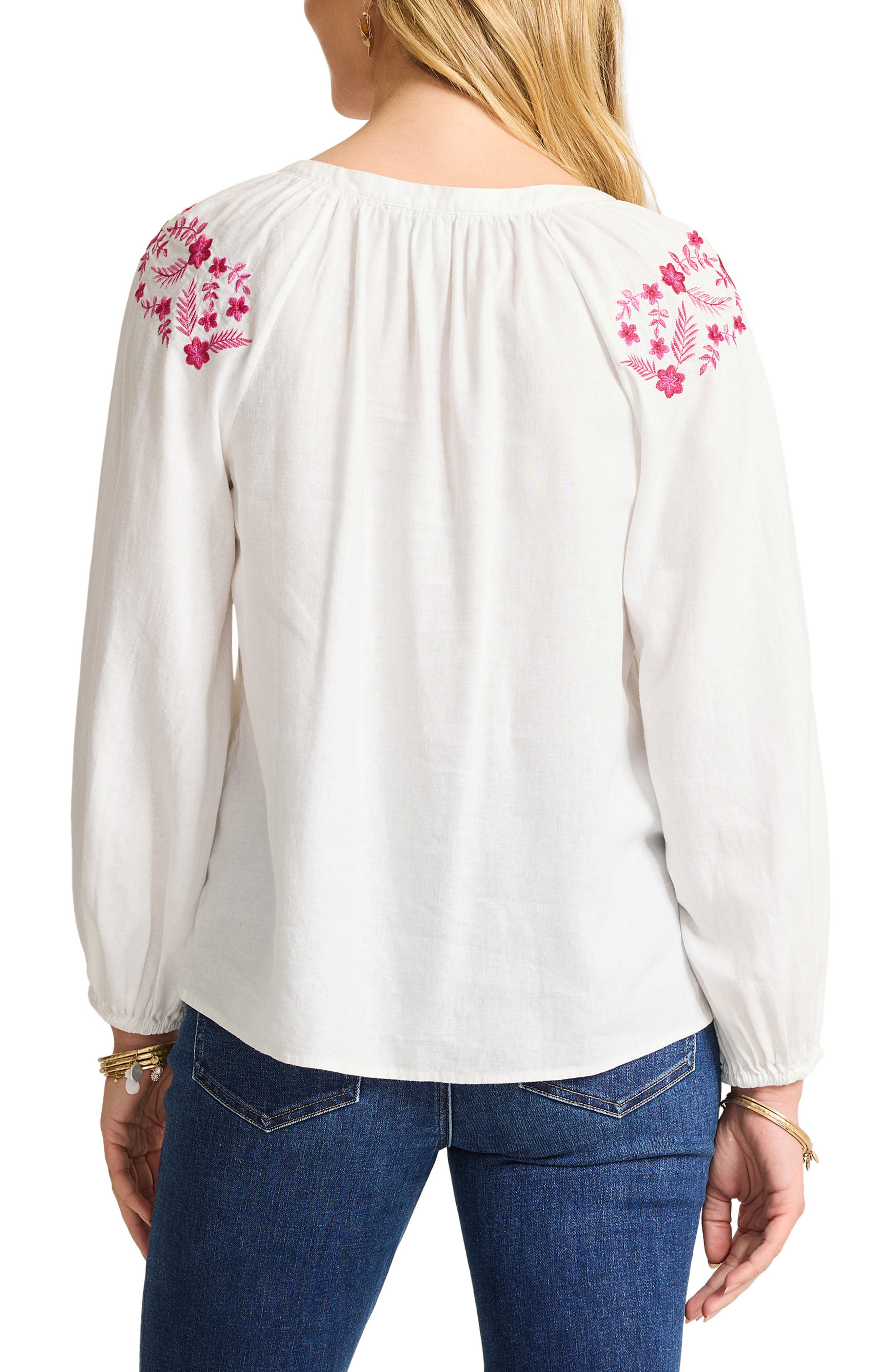 Coastal Tide Embroidered Linen Blend Peasant Top - image 2
