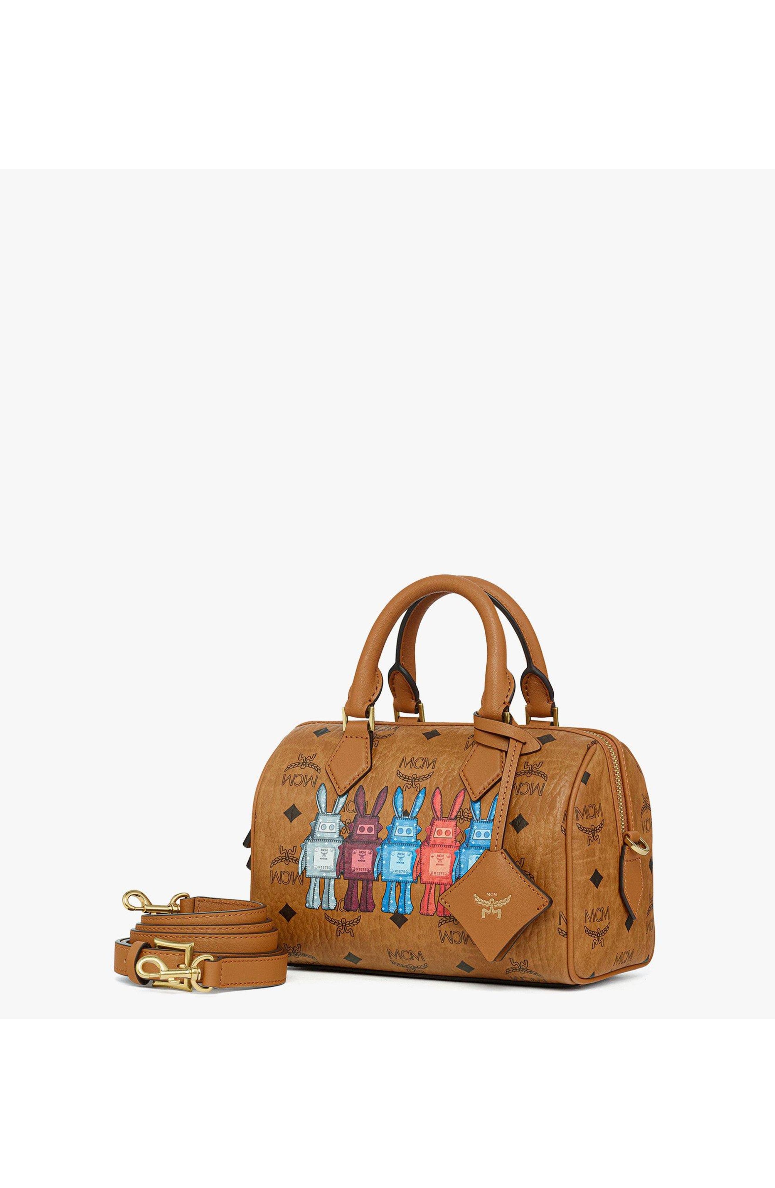 MCM Small Ella Boston Bag in Rabot Visetos, Alternate, color, Cognac