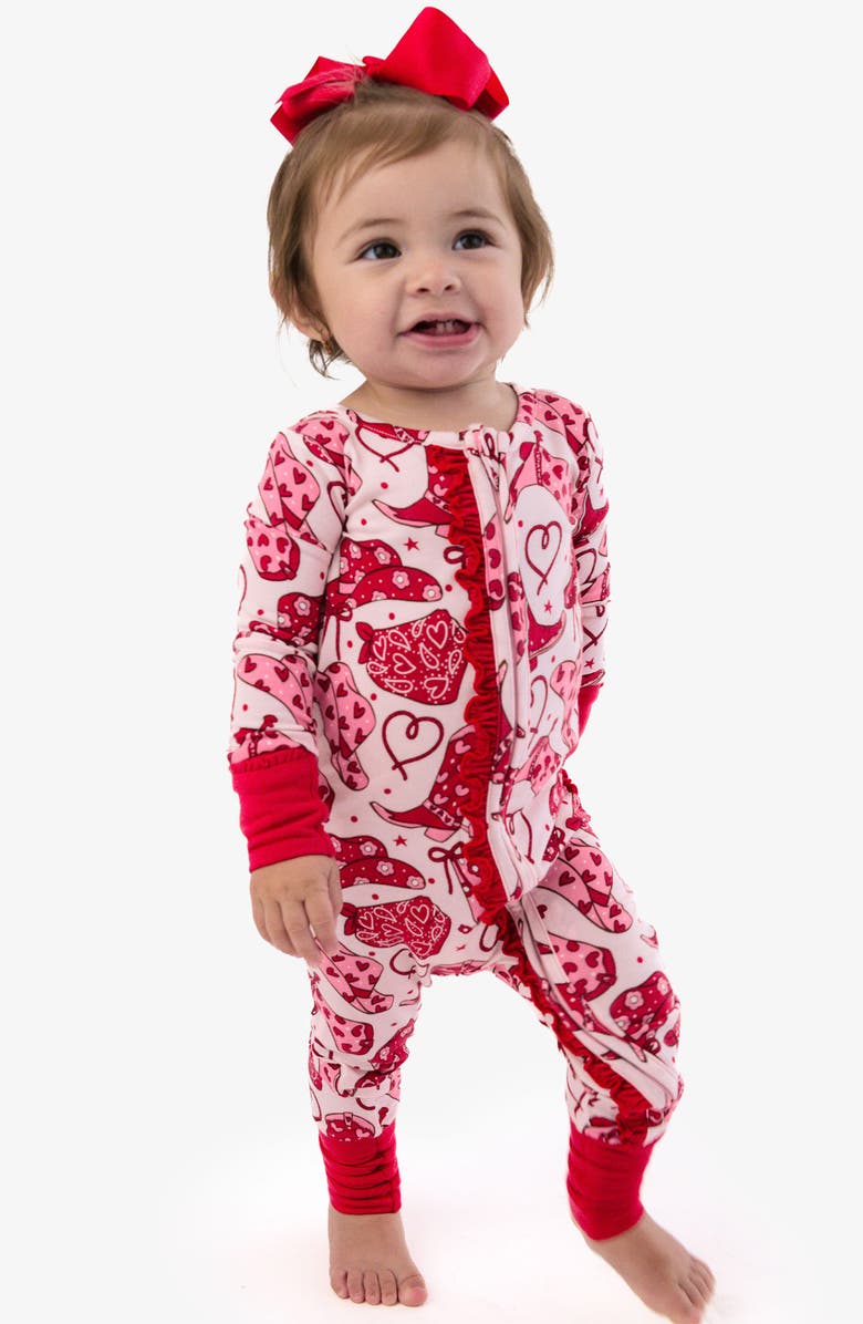 RuffleButts Lasso Love Zip Convertible One-Piece Pajamas, Alternate, color, Pink