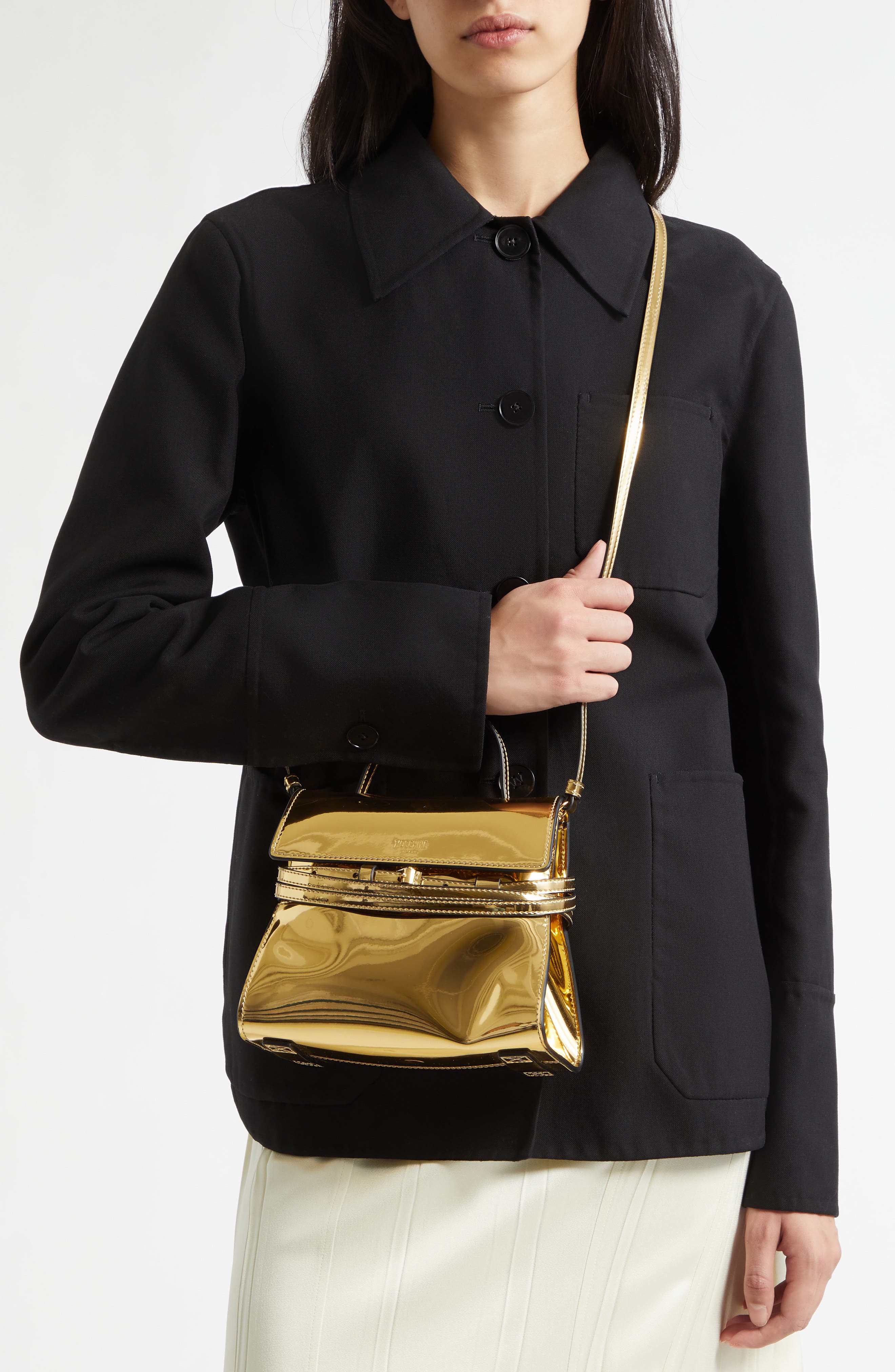 Moschino Tie Me Metallic Faux Leather Handbag, Alternate, color, Gold