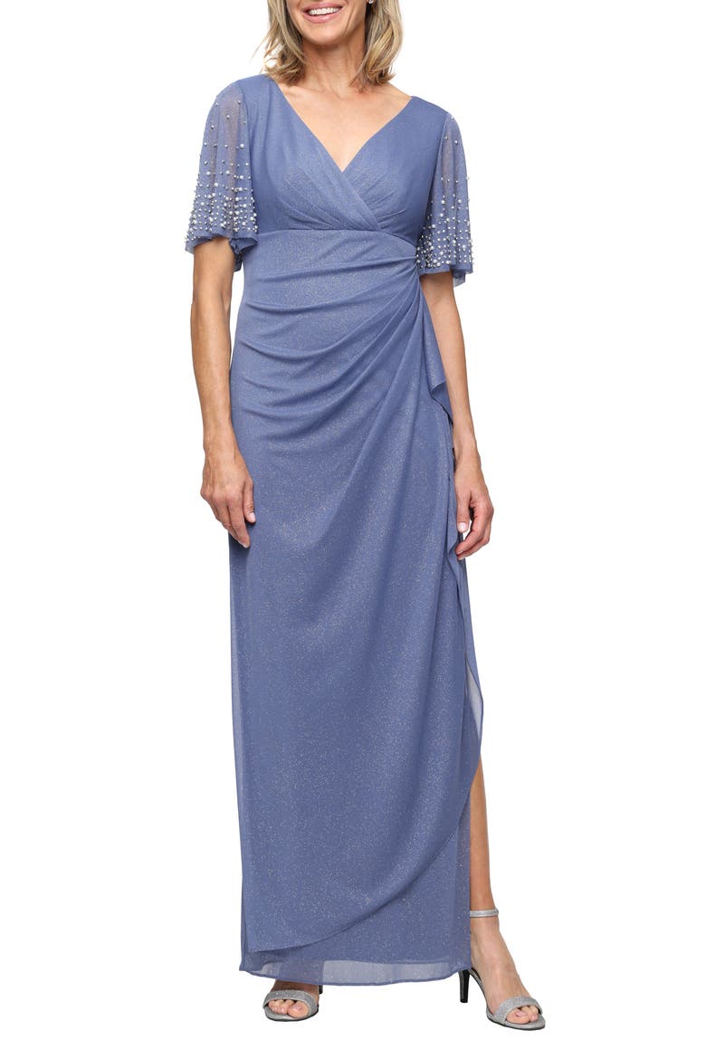 Imitation Pearl Detail Metallic Gown, Main, color, DUSTY BLUE