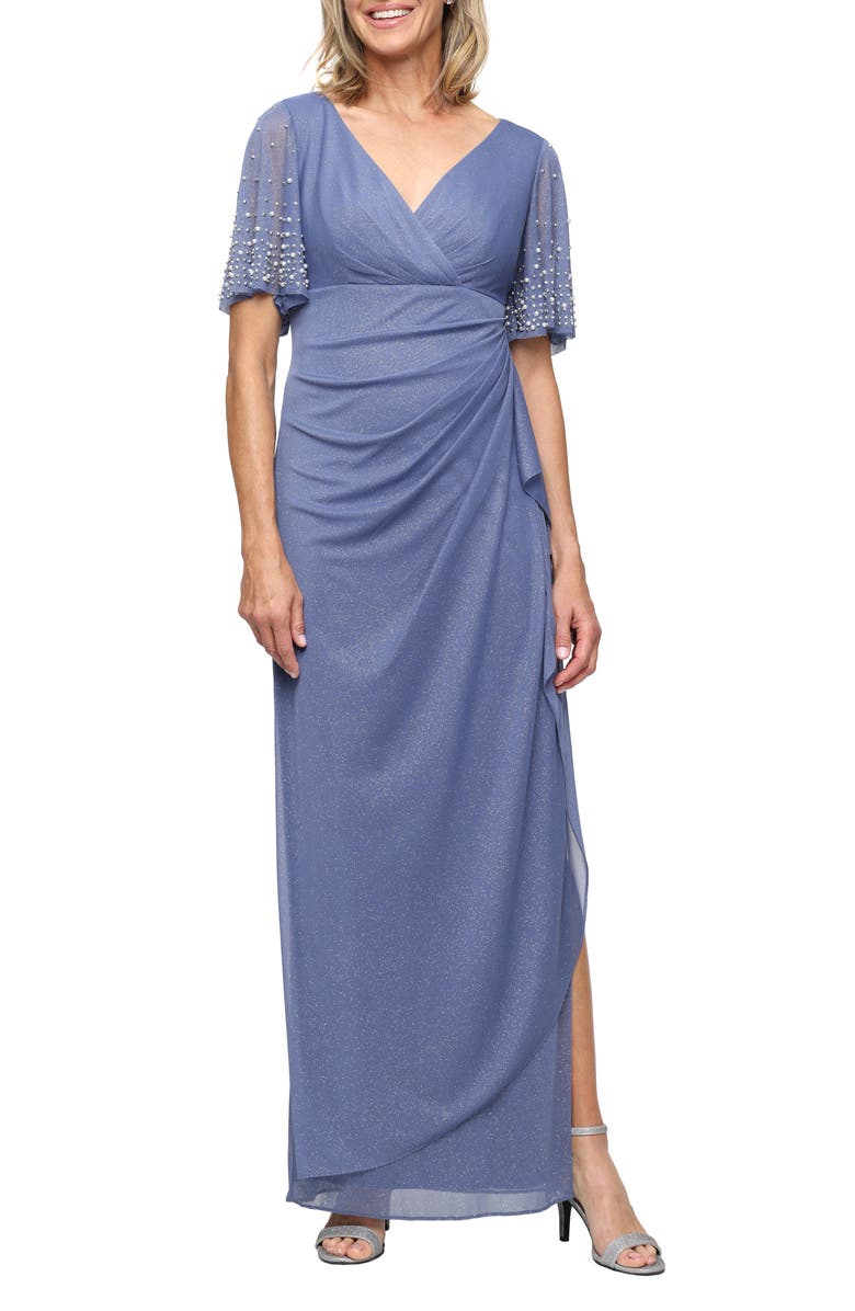 Alex Evenings Imitation Pearl Detail Metallic Gown, Main, color, Dusty Blue