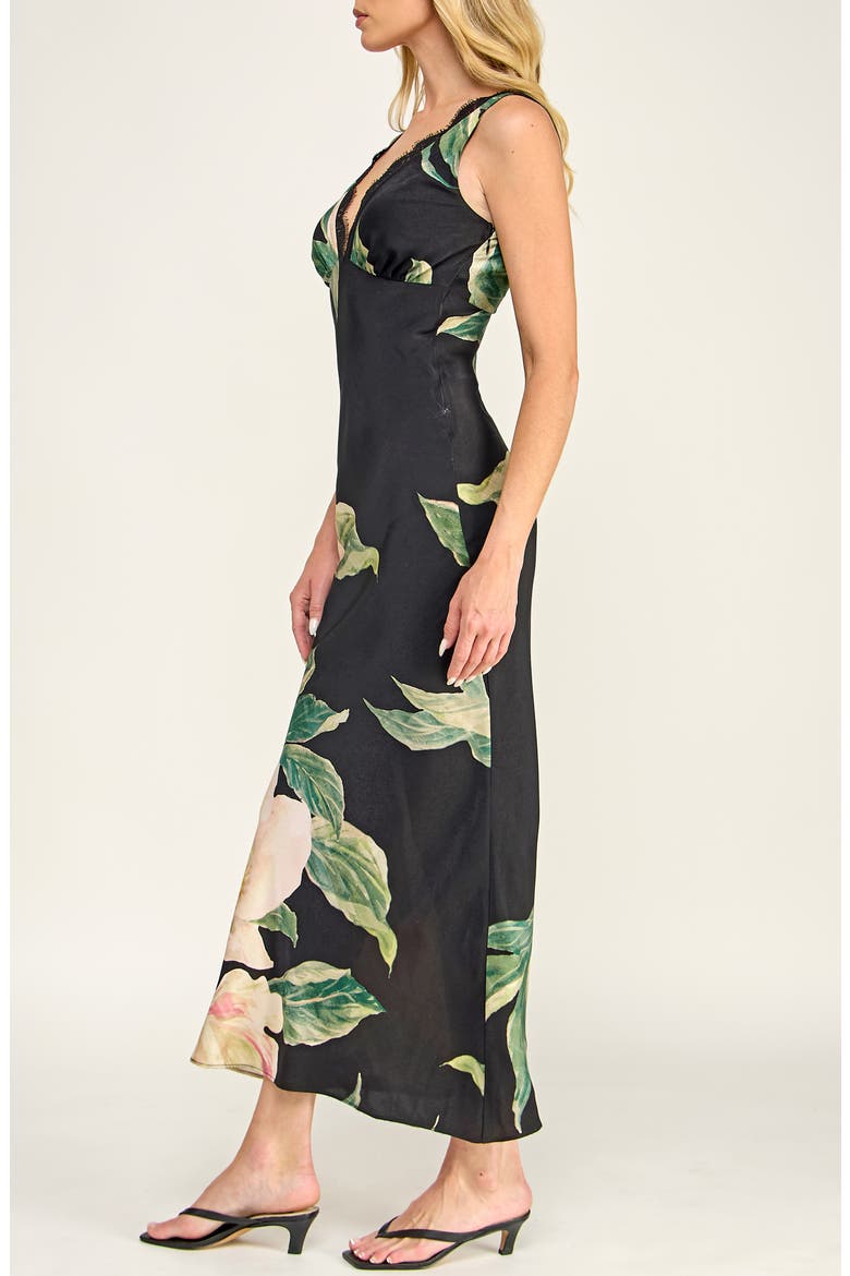 Bias Cut Floral Satin Dress, Alternate, color, BLACK GREEN