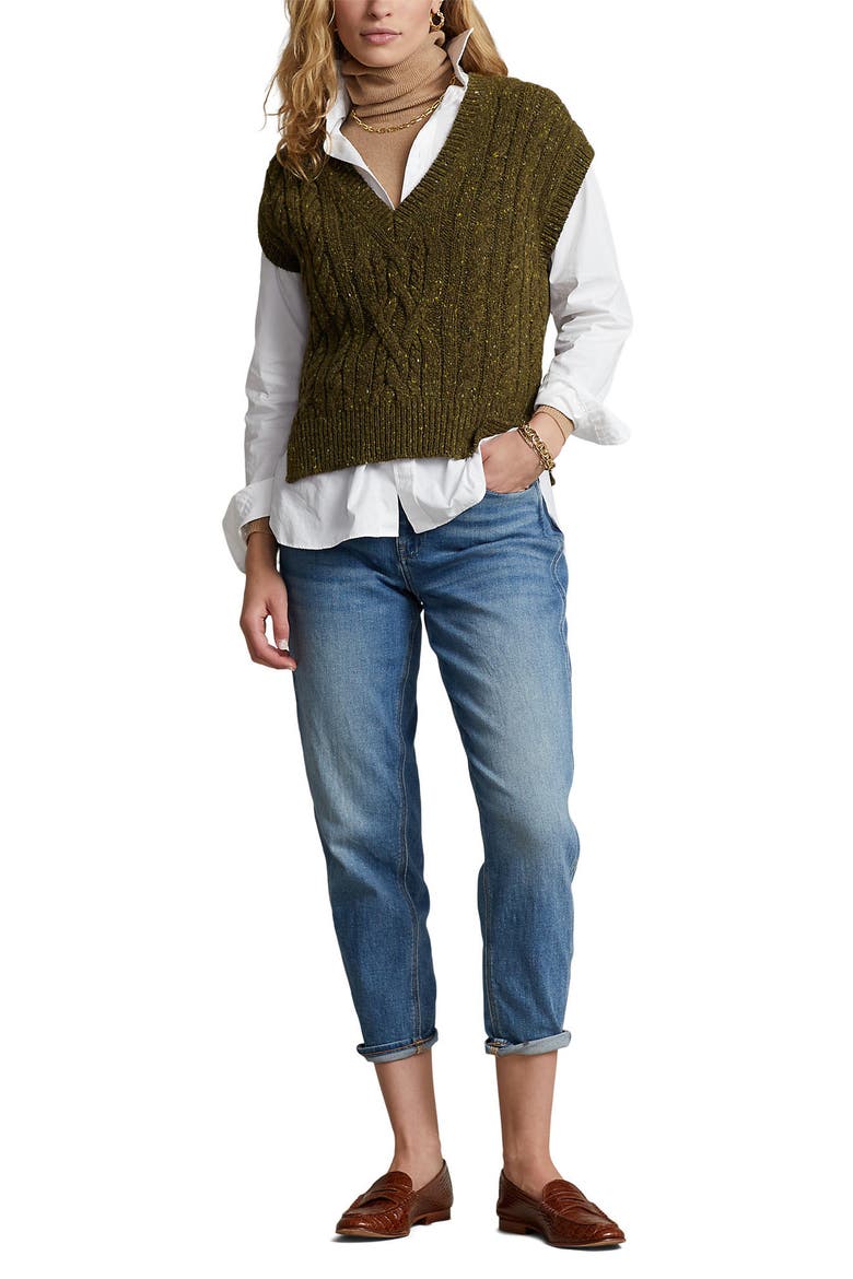 Aran Cable Knit Sweater Vest, Alternate, color, OLIVE DONEGAL