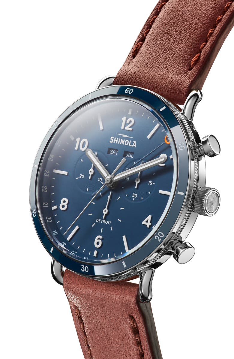 Shinola Canfield Chronograph Leather Strap Watch, 45mm, Alternate, color, Brown/ Blue/ Silver