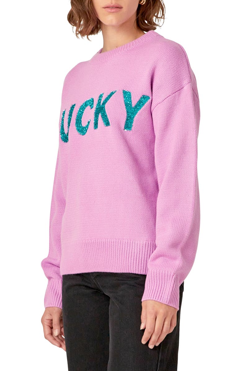 English Factory Glitter Lettering Sweater, Alternate, color, Pink