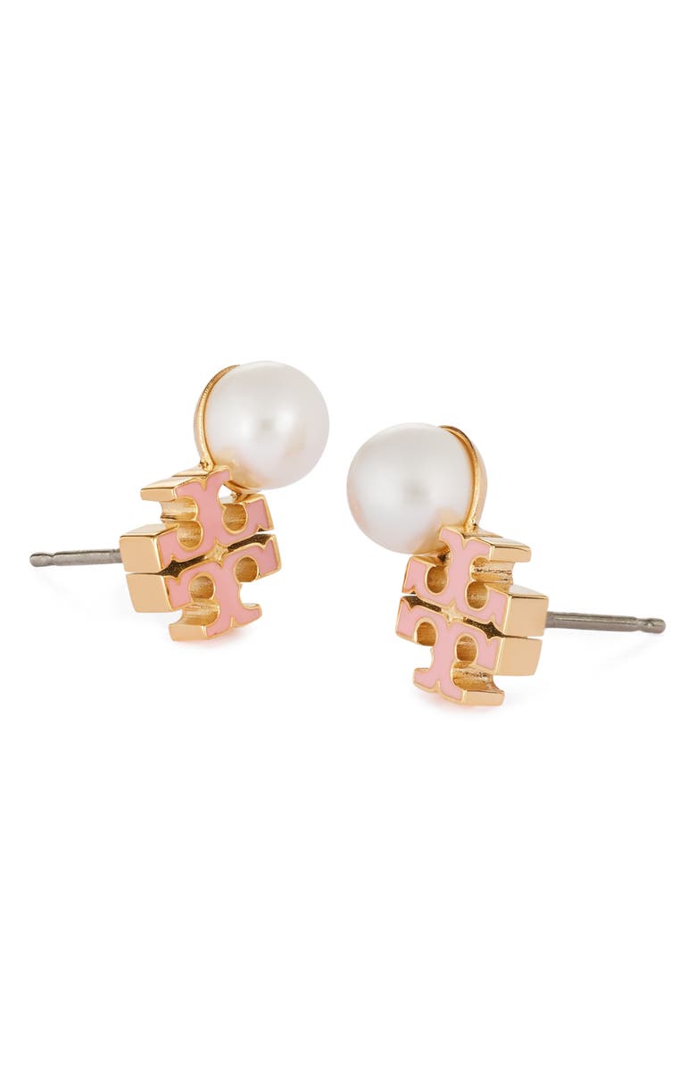Tory Burch Moondance Faux Pearl & Icon Stud Earrings, Alternate, color, Tory Gold / Pearl / Pink