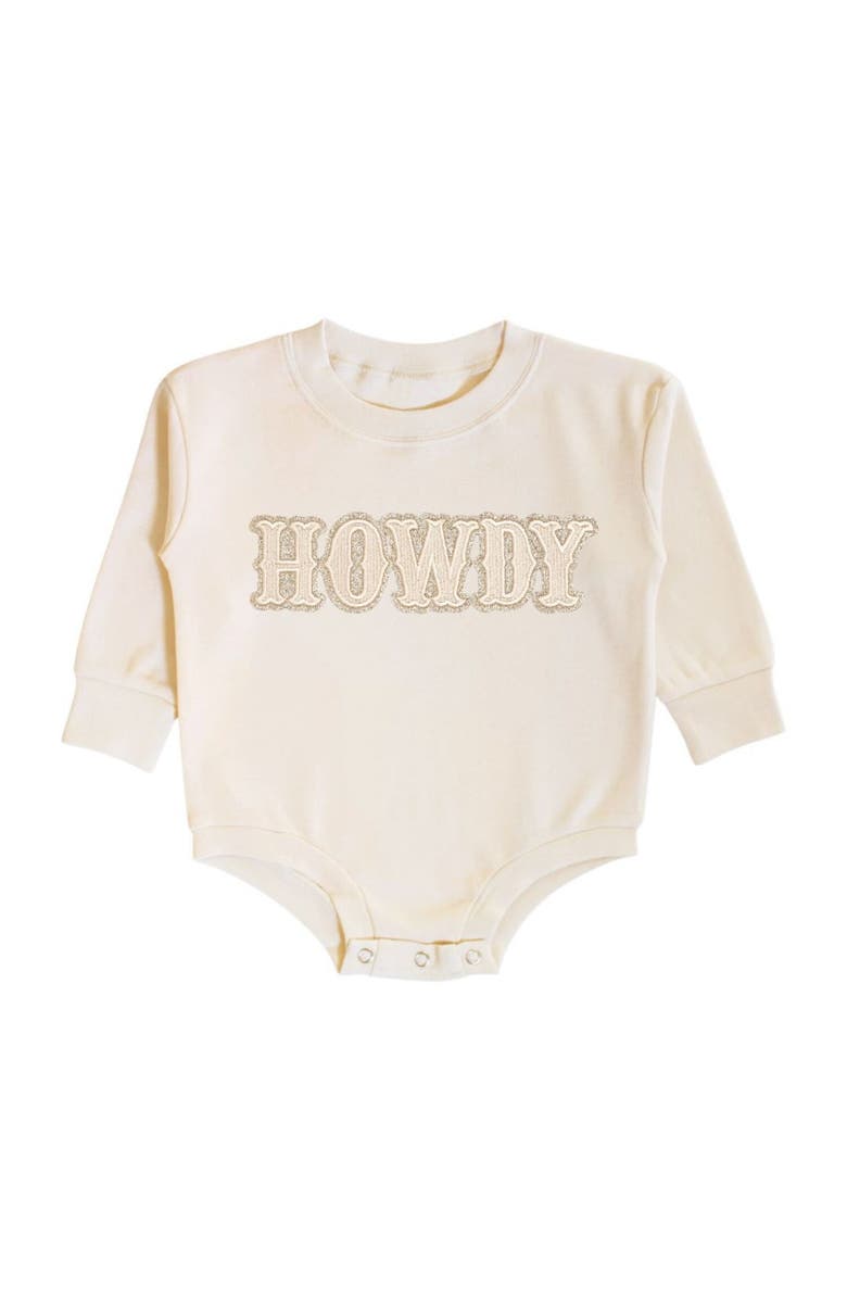 Sweet Wink Howdy Patch Long Sleeve Romper, Main, color, Natural