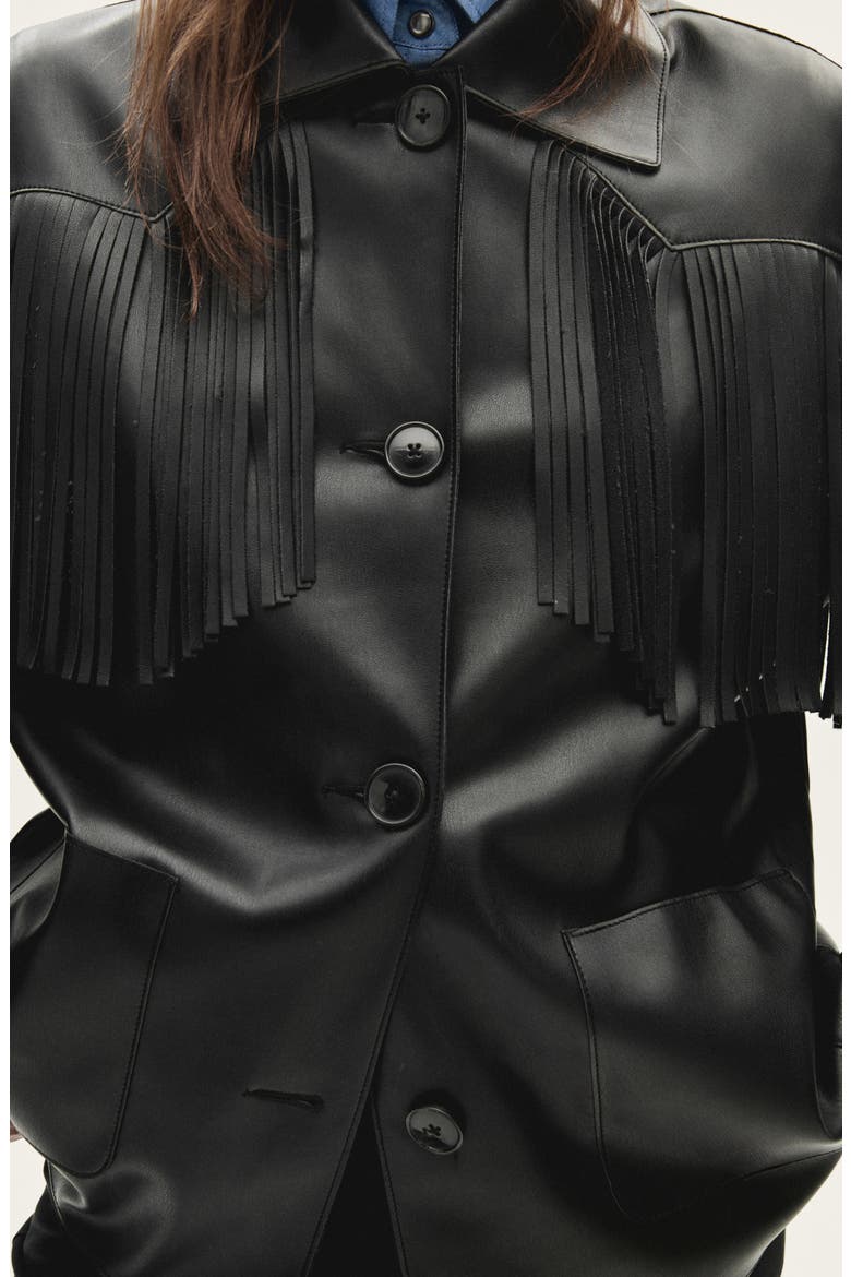 Fringe Trim Faux Leather Jacket, Alternate, color, BLACK
