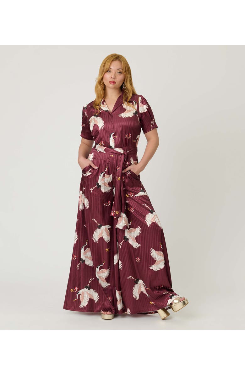 Unique Vintage 1940s Flare Leg Jumpsuit, Alternate, color, Burgundy Crane Print