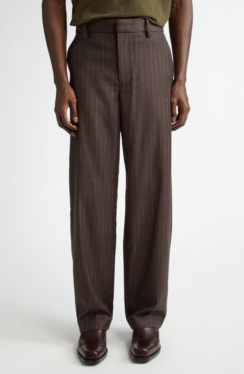 The Elder Statesman Chalk Stripe Flat Front Wool & Cashmere Trousers, Main, color, Brown