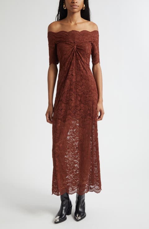 Twist Front Off the Shoulder Lace Midi Dress