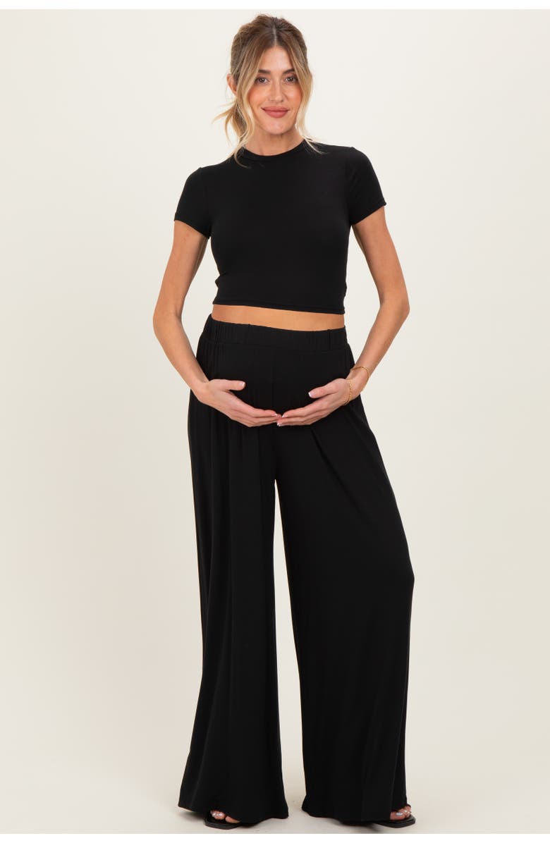 PinkBlush Short Sleeve Crop Top Wide Leg Pant Set, Main, color, Black
