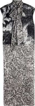Dries Van Noten Cecussi Abstract Floral Tie Neck Midi Dress