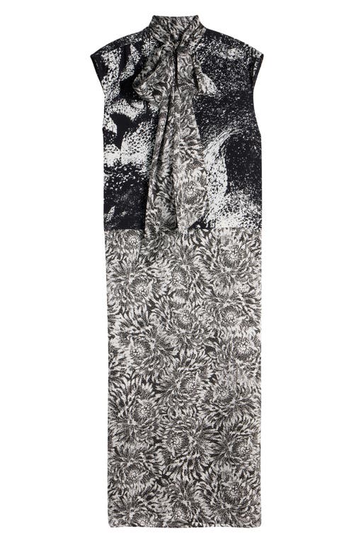 Dries Van Noten Cecussi Abstract Floral Tie Neck Midi Dress In Gray